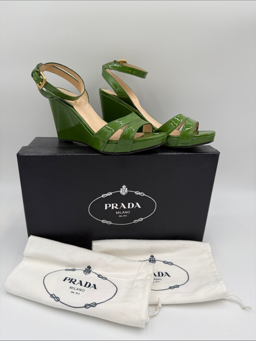 Prada Patent Green Wedge Sandals with Ankle Strap